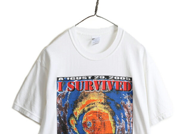 00s ■ ハリケーン カトリーナ プリント 半袖 Tシャツ メンズ M 古着 00年代 オールド アート イラスト プリントTシャツ ヘビーウェイト 白