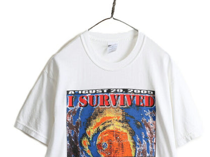 00s ■ ハリケーン カトリーナ プリント 半袖 Tシャツ メンズ M 古着 00年代 オールド アート イラスト プリントTシャツ ヘビーウェイト 白