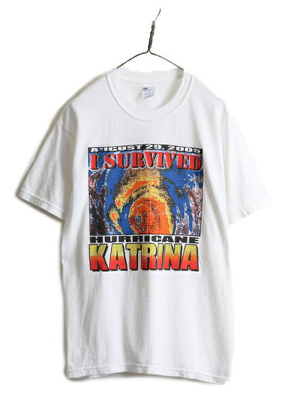 00s ■ ハリケーン カトリーナ プリント 半袖 Tシャツ メンズ M 古着 00年代 オールド アート イラスト プリントTシャツ ヘビーウェイト 白
