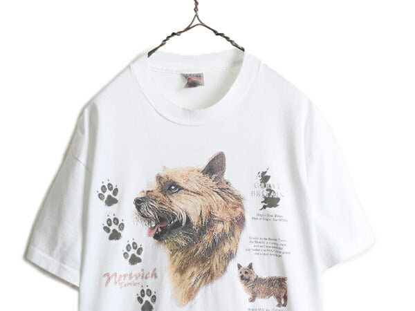 90s ■ ドッグ イラスト プリント 半袖 Tシャツ メンズ レディース L / 古着 90年代 オールド 当時物 アニマル アート シングルステッチ 白