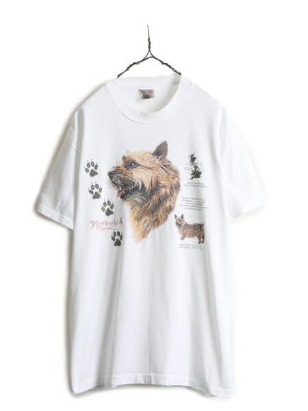 90s ■ ドッグ イラスト プリント 半袖 Tシャツ メンズ レディース L / 古着 90年代 オールド 当時物 アニマル アート シングルステッチ 白