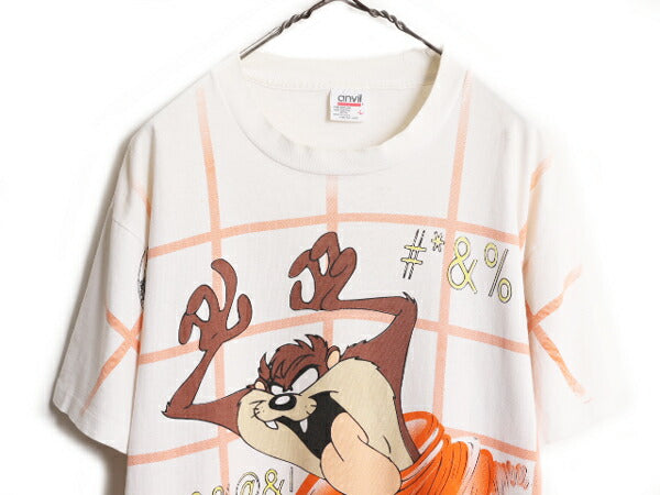 90s USA製 ワーナー タズマニアンデビル オールオーバー プリント Tシャツ メンズ L オールド キャラクター イラスト シングルステッチ 白