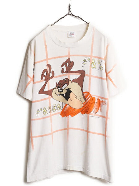 90s USA製 ワーナー タズマニアンデビル オールオーバー プリント Tシャツ メンズ L オールド キャラクター イラスト シングルステッチ 白