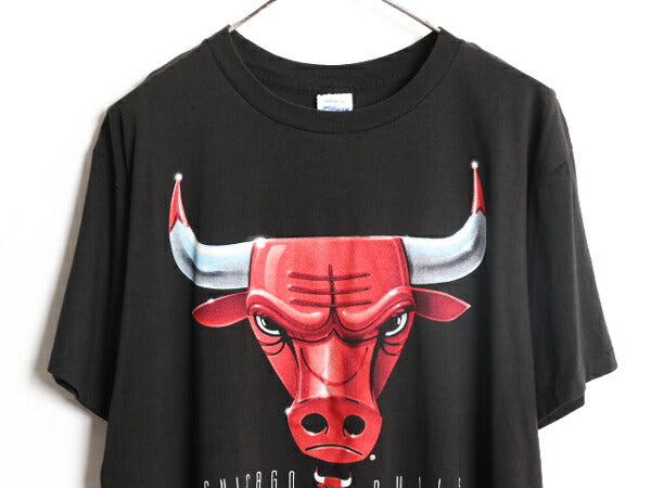 90s USA製 NBA オフィシャル ブルズ プリント Tシャツ メンズ L / 90年代 オールド バスケ シングルステッチ キャラクター ジョーダン 黒
