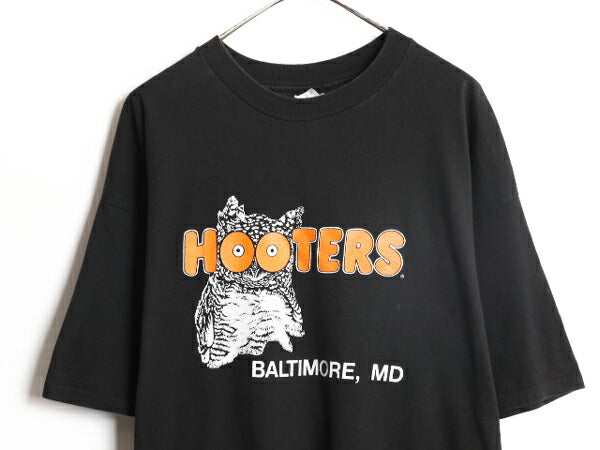 90s USA製 HOOTERS 両面 プリント 半袖 Tシャツ メンズ XXL / オールド 当時物 キャラクター フーターズ 黒 大きいサイズ シングルステッチ