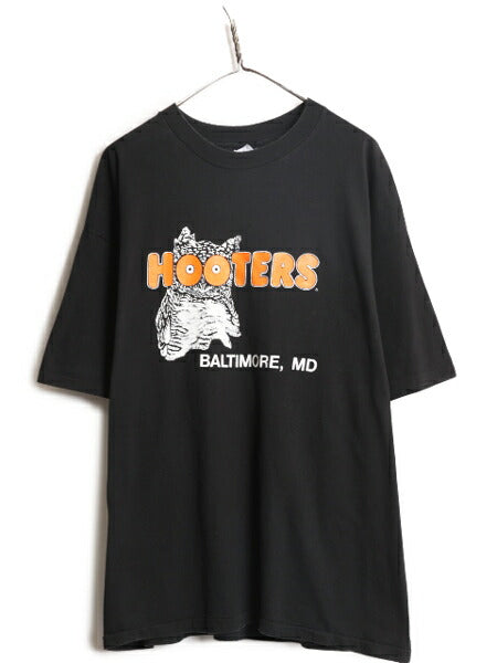 90s USA製 HOOTERS 両面 プリント 半袖 Tシャツ メンズ XXL / オールド 当時物 キャラクター フーターズ 黒 大きいサイズ シングルステッチ