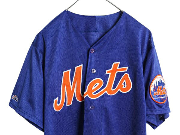 USA製 メッツ ベースボール シャツ メンズ L 程/ MLB オフィシャル マジェスティック 大リーグ ユニフォーム ゲームシャツ メッシュ 重ね着