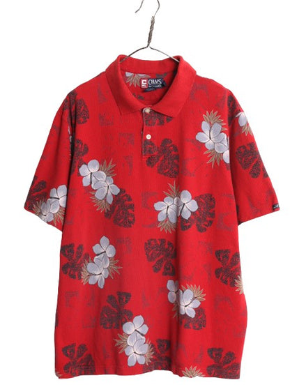 90s チャップス ラルフローレン 総柄 鹿の子 半袖 ポロシャツ メンズ XXL オールド CHAPS ハワイアン アロハ 半袖シャツ 大きいサイズ 花柄