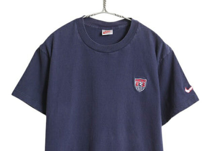 90s USA製 ナイキ ロゴ 刺繍 Tシャツ メンズ M / オールド 初期 銀タグ 当時物 シングルステッチ スウッシュ サッカー 星条旗 クルーネック