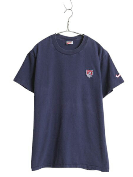 90s USA製 ナイキ ロゴ 刺繍 Tシャツ メンズ M / オールド 初期 銀タグ 当時物 シングルステッチ スウッシュ サッカー 星条旗 クルーネック