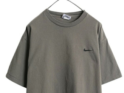 90s ナイキ スウッシュ 刺繍 半袖 Tシャツ メンズ L / オールド コットン ワンポイント シンプル カットソー クルーネック グレー 当時物