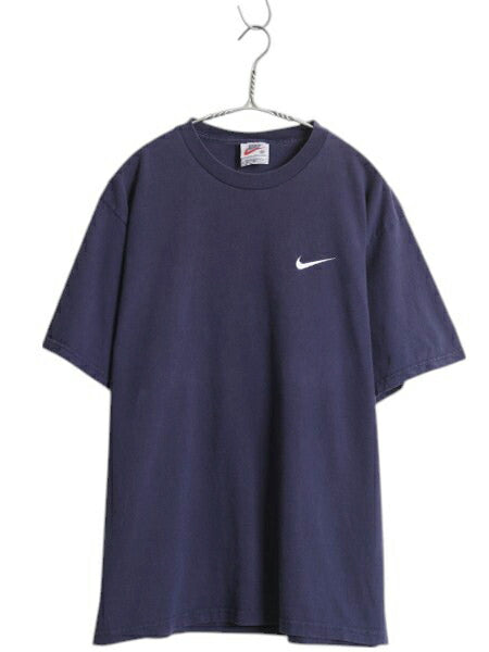 90s USA製 ナイキ スウッシュ 刺繍 半袖 Tシャツ メンズ M / オールド 星条旗 バックプリント ヘビーウェイト コットン シンプル ネイビー