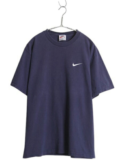 90s USA製 ナイキ スウッシュ 刺繍 半袖 Tシャツ メンズ M / オールド 星条旗 バックプリント ヘビーウェイト コットン シンプル ネイビー