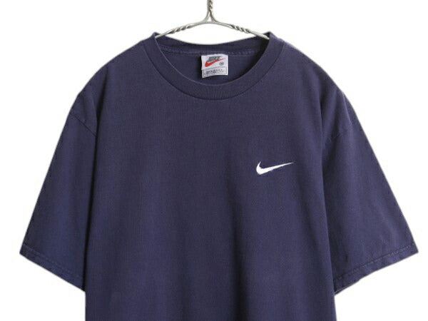 90s USA製 ナイキ スウッシュ 刺繍 半袖 Tシャツ メンズ M / オールド 星条旗 バックプリント ヘビーウェイト コットン シンプル ネイビー
