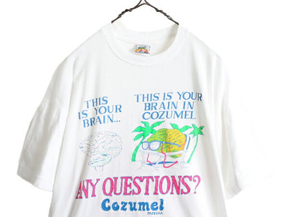90s ■ 脳みそ エロ パロディ アート プリント 半袖 Tシャツ ( メンズ XL 小さめ M 程) 90年代 BRAIN ポップ イラスト シングルステッチ 白