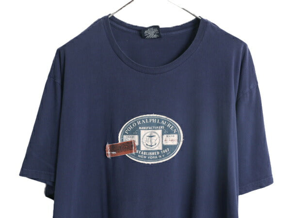 90s ポロ ラルフローレン ワッペン 刺繍 Tシャツ メンズ XL 90年代 オールド コットン カットソー 大きいサイズ 紺 クルーネック ネイビー