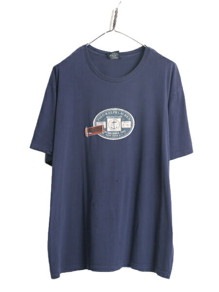 90s ポロ ラルフローレン ワッペン 刺繍 Tシャツ メンズ XL 90年代 オールド コットン カットソー 大きいサイズ 紺 クルーネック ネイビー