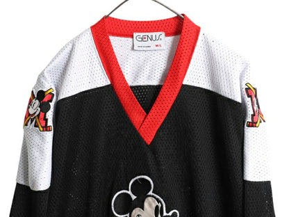 90s ミッキー メッシュ ホッケー ジャージ メンズ M L 大きめ XL 程/ オールド ディズニー オフィシャル 7分丈 キャラクター ゲームシャツ