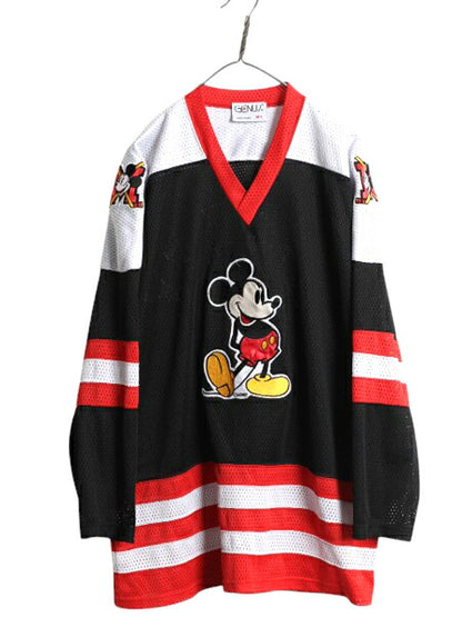 90s ミッキー メッシュ ホッケー ジャージ メンズ M L 大きめ XL 程/ オールド ディズニー オフィシャル 7分丈 キャラクター ゲームシャツ