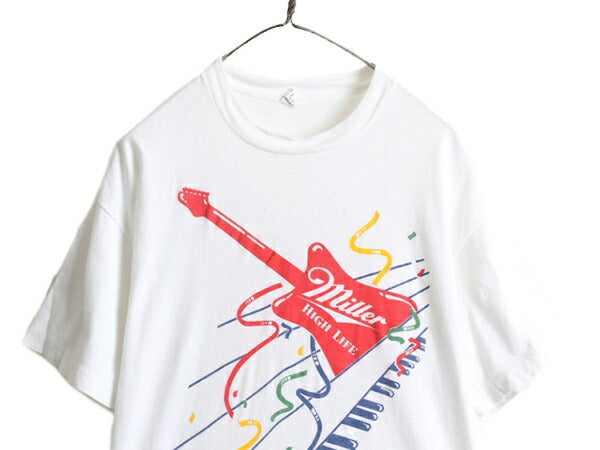 80s USA製 ■ ミラー x ヘイマー ギター イラスト プリント 半袖 Tシャツ XL 小さめ メンズ L 程/ 80年代 企業物 コラボ ビール バンド 白