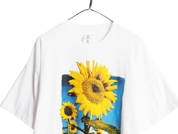 90s ひまわり アート イラスト プリント Tシャツ メンズ レディース XL / オールド フラワー 花 シングルステッチ カットソー 大きいサイズ