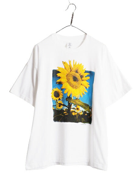 90s ひまわり アート イラスト プリント Tシャツ メンズ レディース XL / オールド フラワー 花 シングルステッチ カットソー 大きいサイズ