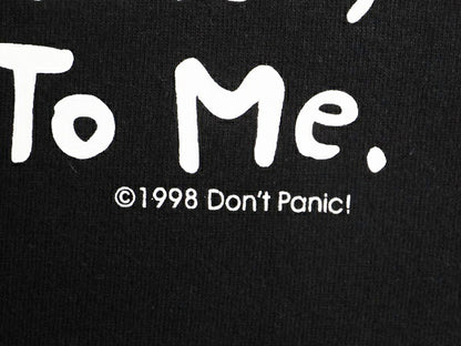 90s DON'T PANIC ジョーク メッセージ プリント Tシャツ メンズ L / 古着 90年代 オールド グラフィック 当時物 ヘビーウェイト ブラック