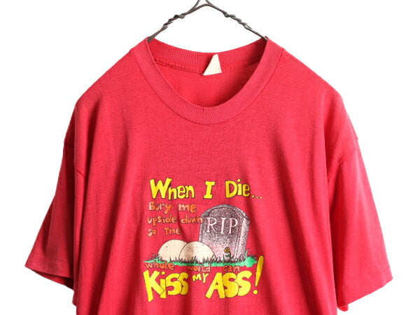 70s 80s USA製 ■ ジョーク メッセージ イラスト プリント 半袖 Tシャツ メンズ XL 小さめ M 程/ 古着 70年代 80年代 ビンテージ アート 赤