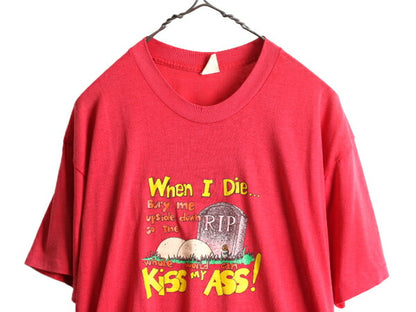 70s 80s USA製 ■ ジョーク メッセージ イラスト プリント 半袖 Tシャツ メンズ XL 小さめ M 程/ 古着 70年代 80年代 ビンテージ アート 赤