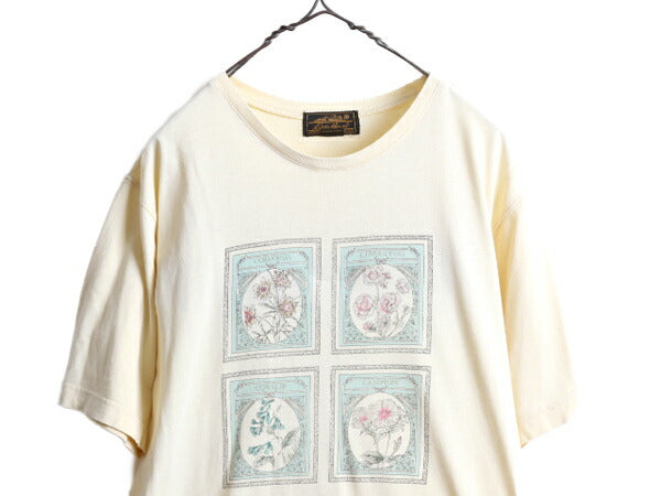 80s ■ エディーバウアー フラワー アート プリント 半袖 Tシャツ レディース S / 80年代 ビンテージ Eddie Bauer  花 イラスト 黒タグ 黄