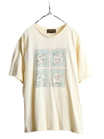 80s ■ エディーバウアー フラワー アート プリント 半袖 Tシャツ レディース S / 80年代 ビンテージ Eddie Bauer  花 イラスト 黒タグ 黄