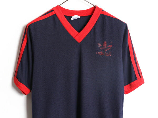 80s USA製 アディダス 3ライン トレフォイル プリント Vネック 半袖 Tシャツ M メンズ 小さめ S 程/ 古着 80年代 ヴィンテージ adidas ロゴ