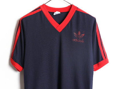 80s USA製 アディダス 3ライン トレフォイル プリント Vネック 半袖 Tシャツ M メンズ 小さめ S 程/ 古着 80年代 ヴィンテージ adidas ロゴ