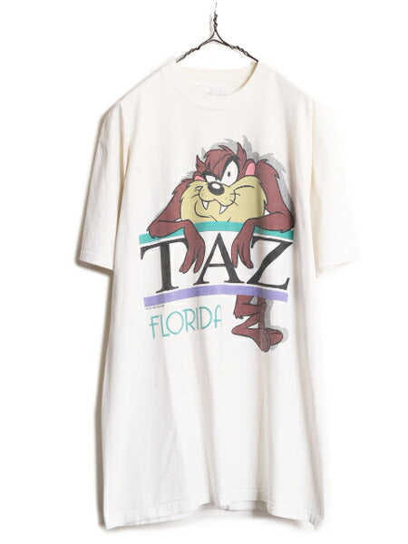 90s ワーナー タズマニアンデビル 両面 プリント 半袖 Tシャツ メンズ L / 古着 90年代 オールド キャラクター イラスト ヘビーウェイト 白