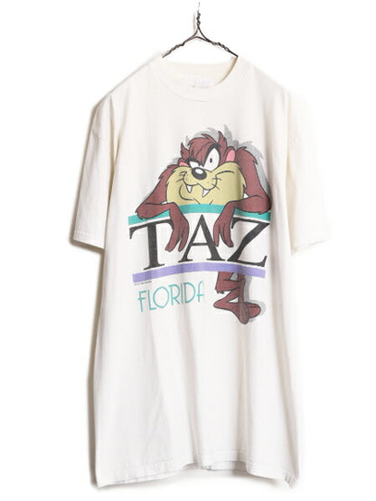 90s ワーナー タズマニアンデビル 両面 プリント 半袖 Tシャツ メンズ L / 古着 90年代 オールド キャラクター イラスト ヘビーウェイト 白