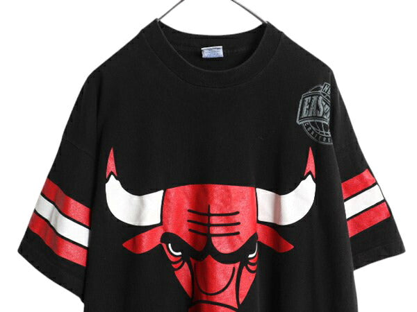 90s USA製 ブルズ 全面 プリント Tシャツ メンズ XL / オールド NBA オフィシャル キャラクター イラスト 大きいサイズ ヘビーウェイト 黒