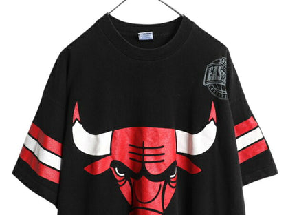 90s USA製 ブルズ 全面 プリント Tシャツ メンズ XL / オールド NBA オフィシャル キャラクター イラスト 大きいサイズ ヘビーウェイト 黒