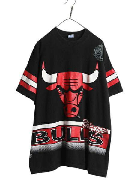 90s USA製 ブルズ 全面 プリント Tシャツ メンズ XL / オールド NBA オフィシャル キャラクター イラスト 大きいサイズ ヘビーウェイト 黒