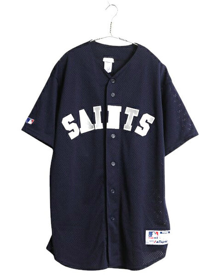 セインツ ベースボール シャツ メンズ L 古着 NFL オフィシャル マジェスティック メッシュ アメフト ユニフォーム ゲームシャツ 重ね着 紺
