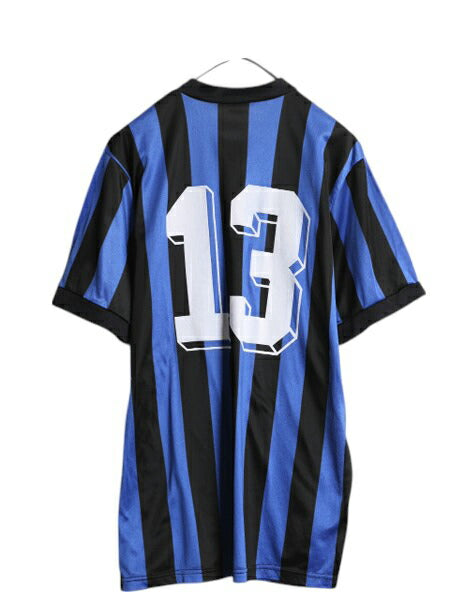 90s サッカー ユニフォーム メンズ M 程 オールド ストライプ ジャージ ゲームシャツ プラクティス 半袖 Tシャツ ツートン ブラック ブルー