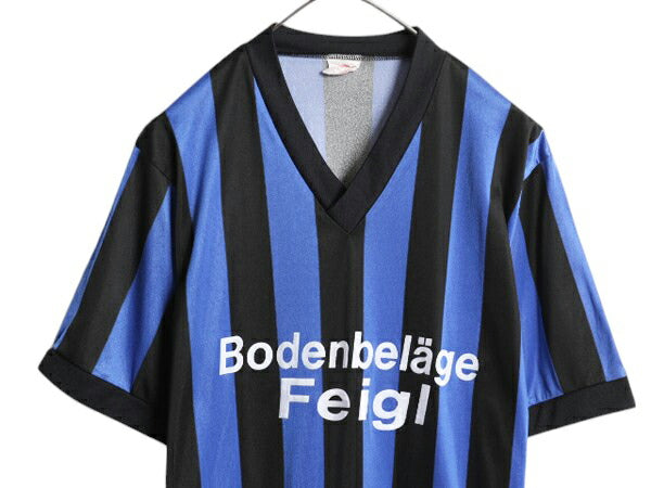 90s サッカー ユニフォーム メンズ M 程 オールド ストライプ ジャージ ゲームシャツ プラクティス 半袖 Tシャツ ツートン ブラック ブルー