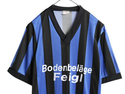 90s サッカー ユニフォーム メンズ M 程 オールド ストライプ ジャージ ゲームシャツ プラクティス 半袖 Tシャツ ツートン ブラック ブルー
