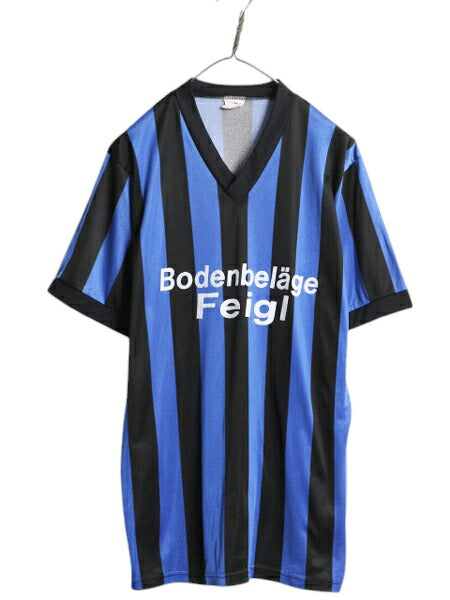 90s サッカー ユニフォーム メンズ M 程 オールド ストライプ ジャージ ゲームシャツ プラクティス 半袖 Tシャツ ツートン ブラック ブルー