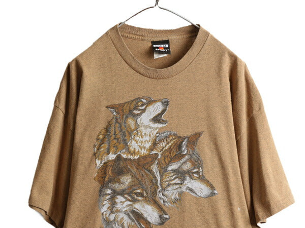 90s USA製 大きいサイズ XXL ■ ウルフ イラスト プリント 半袖 Tシャツ メンズ 2XL 90年代 狼 アニマル オオカミ アート グラフィック 茶