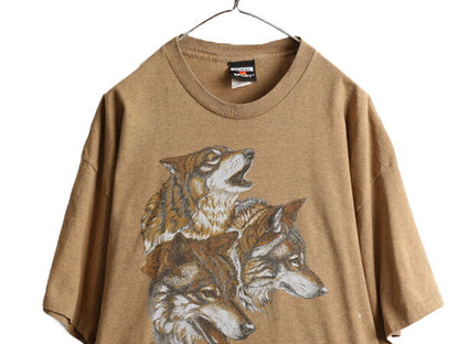 90s USA製 大きいサイズ XXL ■ ウルフ イラスト プリント 半袖 Tシャツ メンズ 2XL 90年代 狼 アニマル オオカミ アート グラフィック 茶