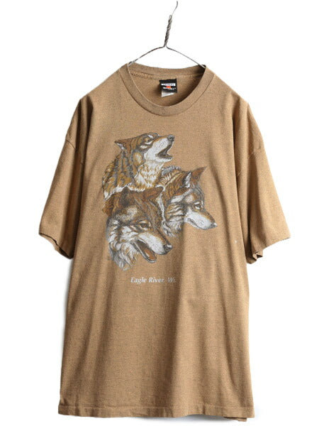 90s USA製 大きいサイズ XXL ■ ウルフ イラスト プリント 半袖 Tシャツ メンズ 2XL 90年代 狼 アニマル オオカミ アート グラフィック 茶