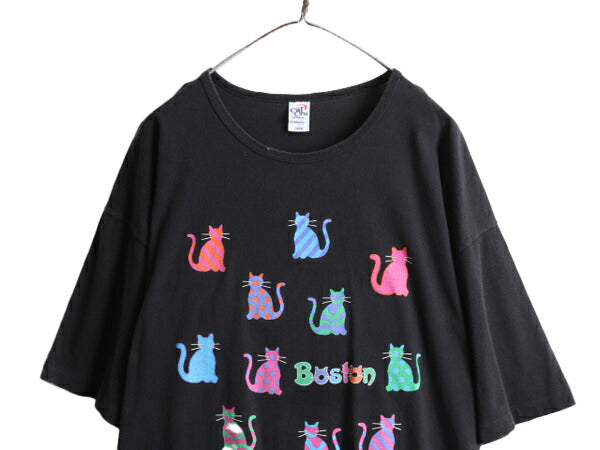 USA製 ■ ネコ アート イラスト プリント 半袖 Tシャツ メンズ レディース XXL 程 キャラクター アニマル ヘビーウェイト シングルステッチ