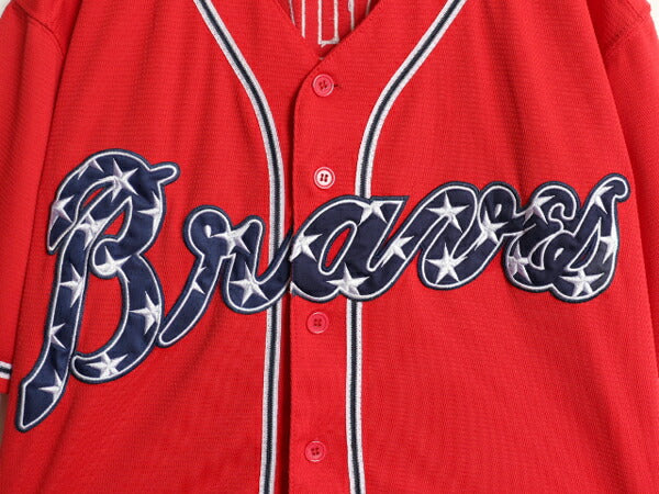 ブレーブス ベースボール シャツ メンズ XL 程 古着 MLB オフィシャル マジェスティック 大リーグ ユニフォーム ゲームシャツ 大きいサイズ
