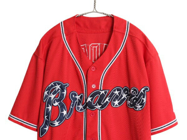 ブレーブス ベースボール シャツ メンズ XL 程 古着 MLB オフィシャル マジェスティック 大リーグ ユニフォーム ゲームシャツ 大きいサイズ