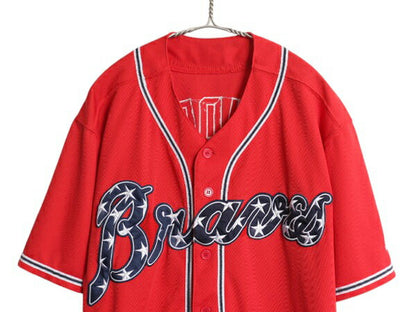 ブレーブス ベースボール シャツ メンズ XL 程 古着 MLB オフィシャル マジェスティック 大リーグ ユニフォーム ゲームシャツ 大きいサイズ